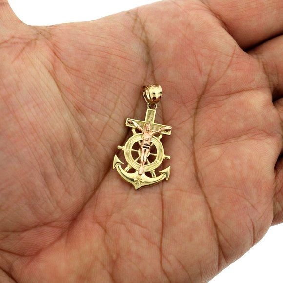 Real 10K Yellow Gold Anchor Cross Pendant - Picture 2 of 6